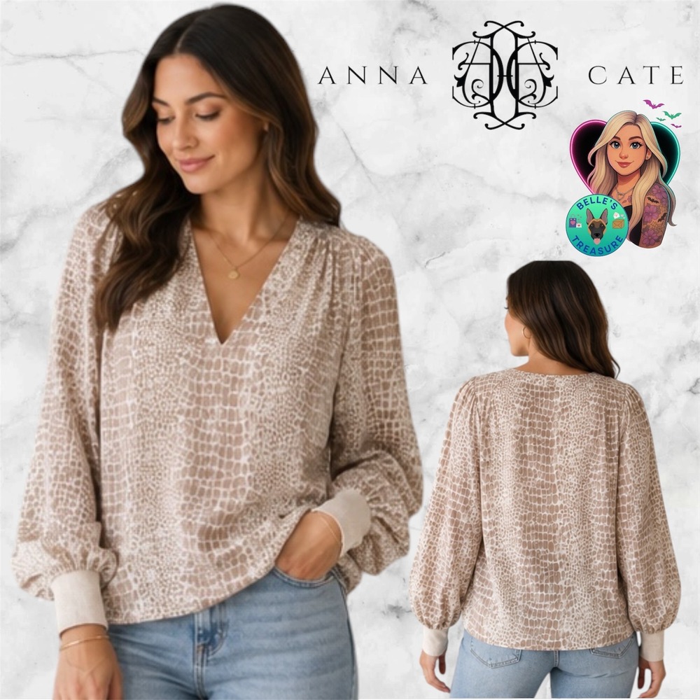 Anna Cate Women's Small‎ Snake V-Neck Puff Sleeve Blouse Tan Chiffon Top Shirt